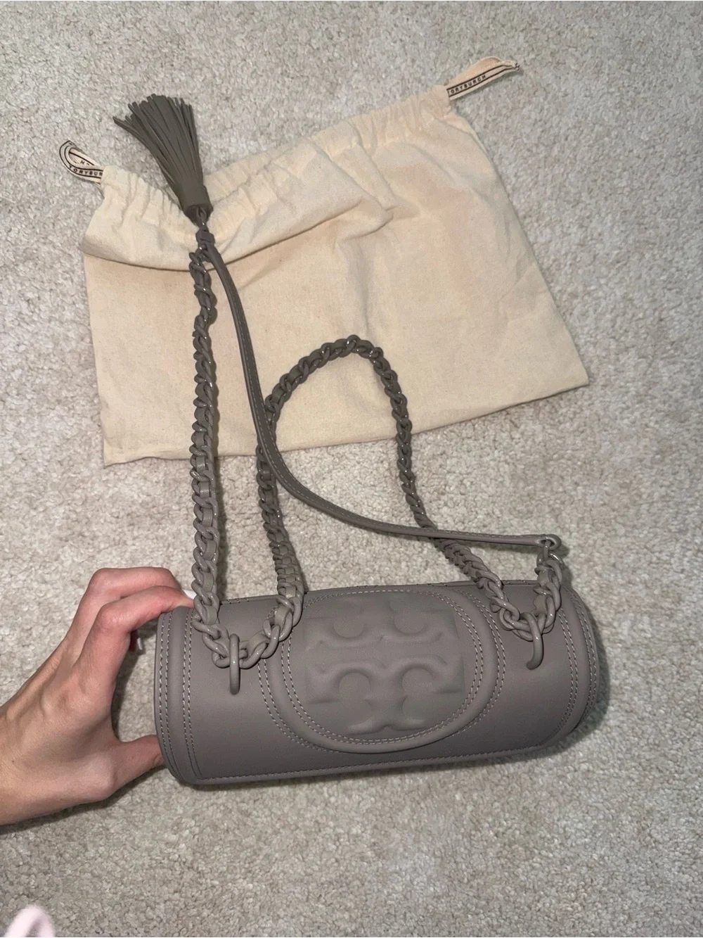 Tory Burch Fleming Small Quilted Leather Convertible Shoulder Bag in Taupe